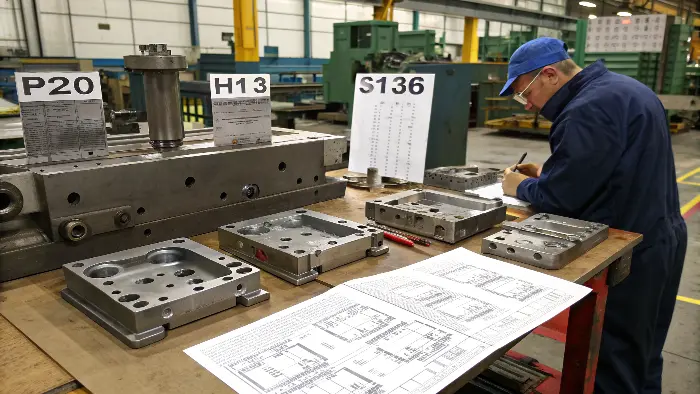 A selection of different mold steel blocks labeled P20, H13, and S136