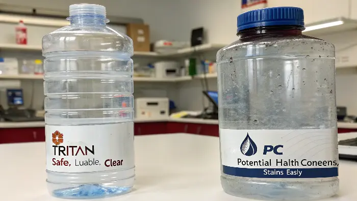 A comparison of a clear Tritan water bottle and a slightly older, cloudier Polycarbonate water bottle.