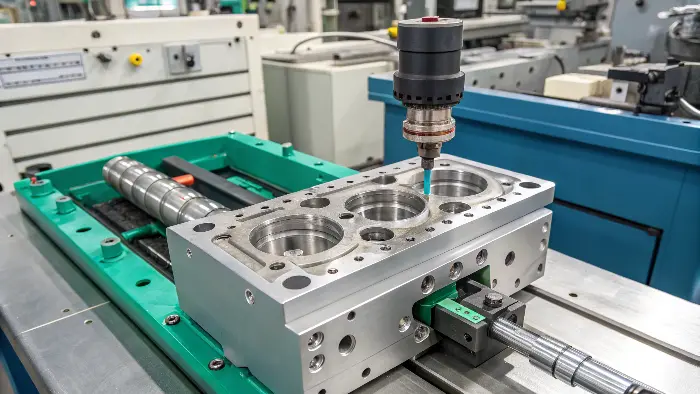 A detailed view of a complex injection mold with sliders and an unscrewing mechanism