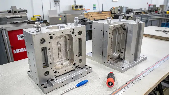 An overview of an injection mold design on a computer screen