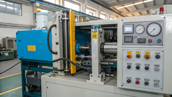 An injection molding press with its main units labeled