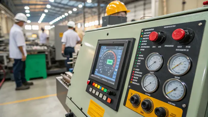 An injection molding machine control panel showing process parameters