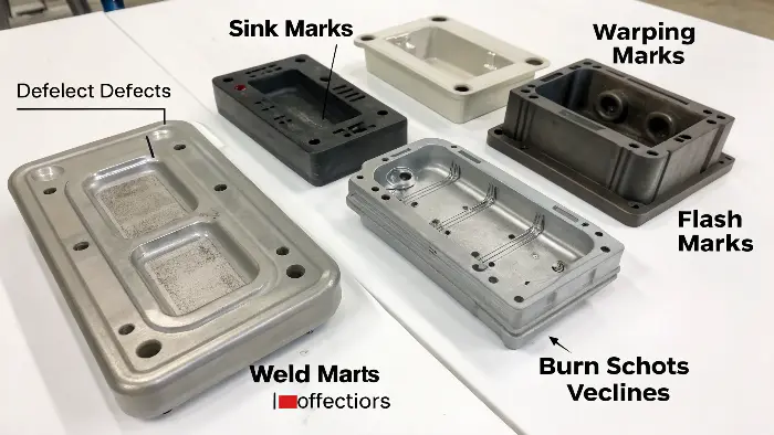 alt text: Collage showcasing various common injection molding defects like sink marks, flash, and burn marks