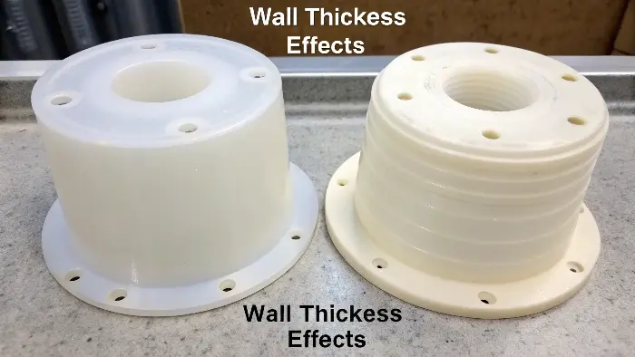 An injection molded part showing both good uniform wall thickness and bad sections with sink marks