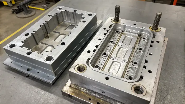 An exploded view of an injection mold, labeling the key components like the A-side, B-side, cavity, core, and ejector pins.