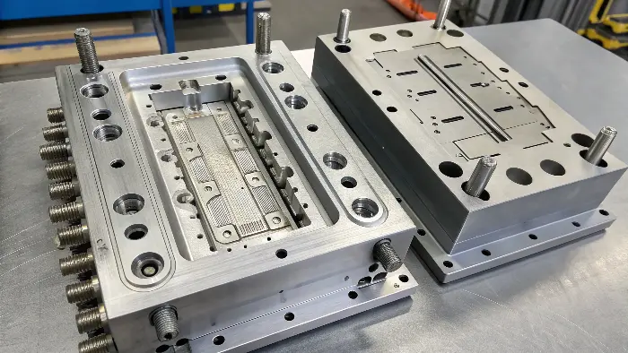 A cutaway view of a complex injection mold showing its elements