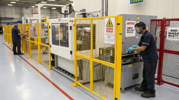 An operator wearing safety glasses and gloves next to an injection molding machine