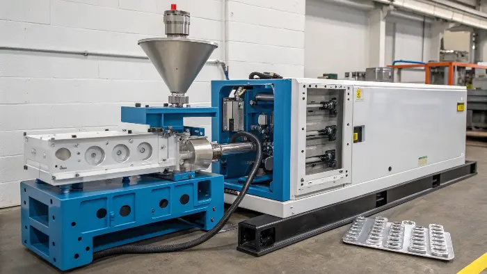 Anatomy of an injection molding machine showing the injection and clamping units