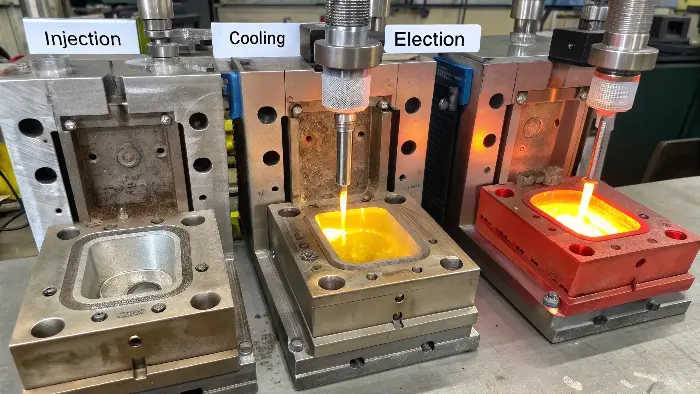 An infographic showing the three stages: injection, cooling, and ejection