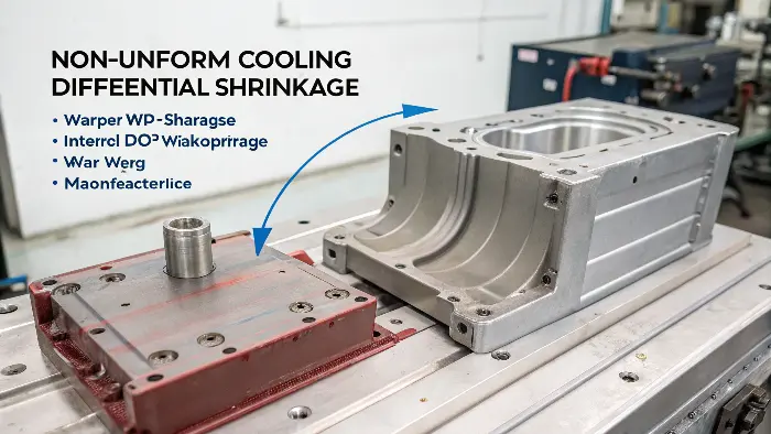 Infographic showing causes of warpage like cooling and wall thickness
