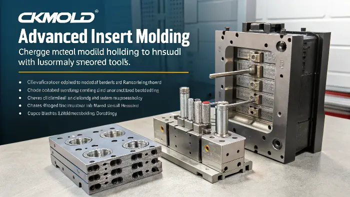 alt text: Close-up of a metal insert being placed into a mold