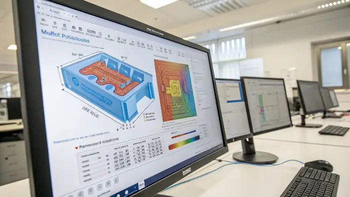 A 3D model of a plastic part being analyzed on a computer