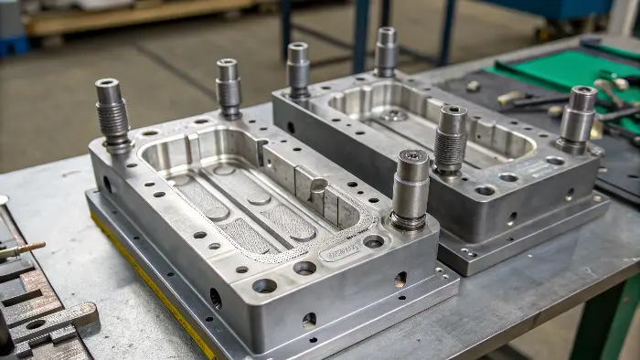 Exploded view of a plastic injection mold showing its components