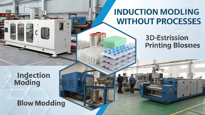 A collage of different manufacturing processes like 3D printing, extrusion, and injection molding