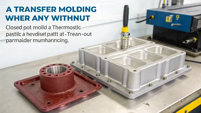 Diagram showing the transfer molding process with the pot, plunger, and mold cavity