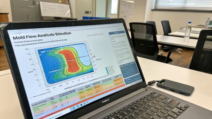 A computer screen showing a colorful mold flow simulation