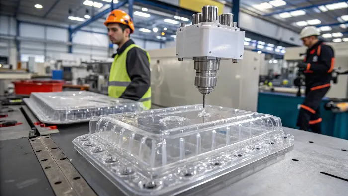 A close-up of a clear polycarbonate part being ejected from an injection molding machine