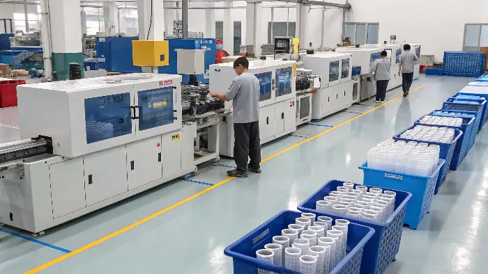 Injection molding machine in operation