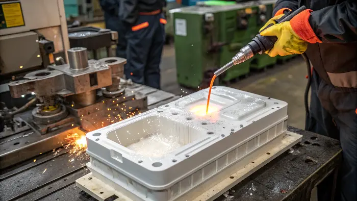 An injection molding machine creating a plastic part