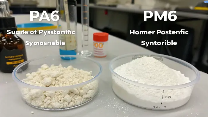 A graphic illustrating moisture absorption in Nylon PA66 vs. low absorption in POM