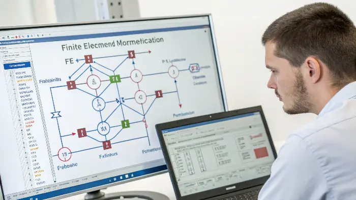 An academic textbook showing FEM equations versus a computer screen showing FEA software in use