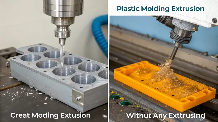 A side-by-side comparison of a molded part and an extruded profile