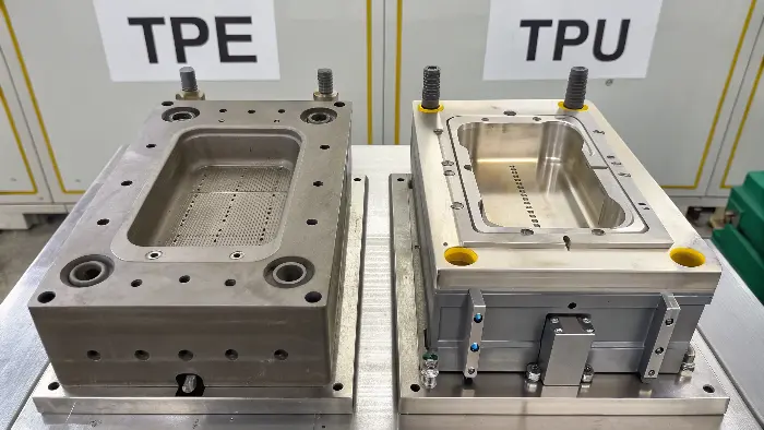 A side-by-side comparison of a TPE part and a TPU part showing texture differences