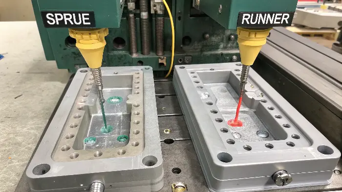 Close-up showing the sprue connecting to the main runner