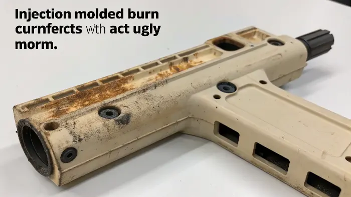 alt text: Close-up image of a plastic part showing distinct black burn marks