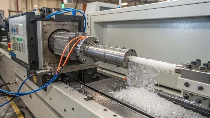 A diagram showing the four stages of injection molding: drying, melting, injection, cooling