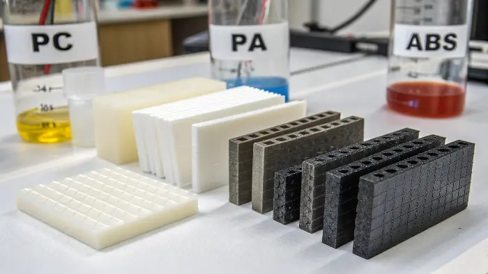 An assortment of plastic gears and housings made from engineering plastics