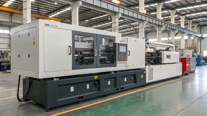 A 180 ton PET preform injection molding machine in a factory setting