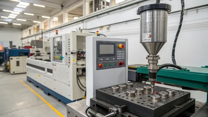 alt text: Technician adjusting pressure settings on an injection molding machine control panel