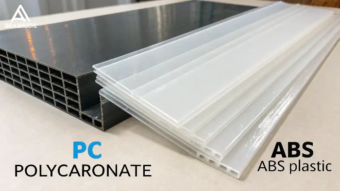 An electronic housing made from ABS plastic next to a clear protective shield made from PC