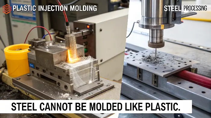 A steel mold for plastic injection molding, showing its complexity
