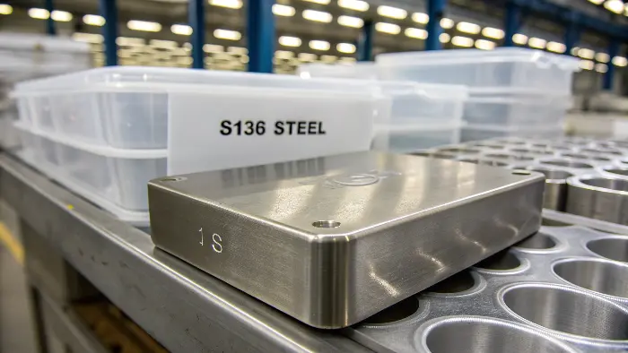 A close-up of a highly polished S136 steel mold cavity for food containers