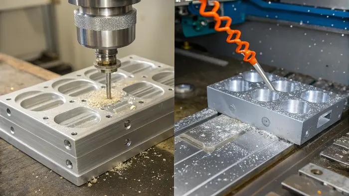 A close-up of a high-precision plastic mold with its core and cavity visible