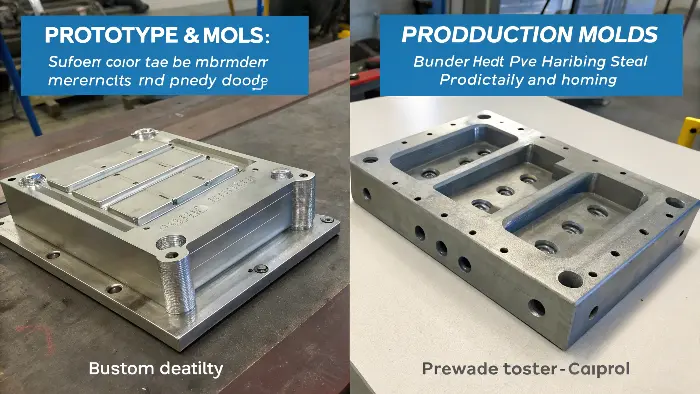 A simpler aluminum prototype mold next to a complex steel production mold