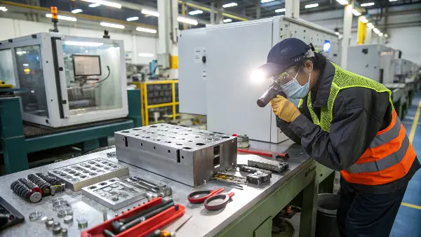 A well-organized workstation for injection mold maintenance.