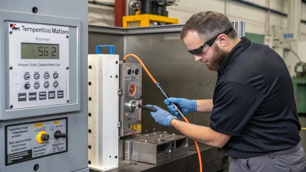 cutaway of a mold showing an embedded thermocouple near the cavity surface