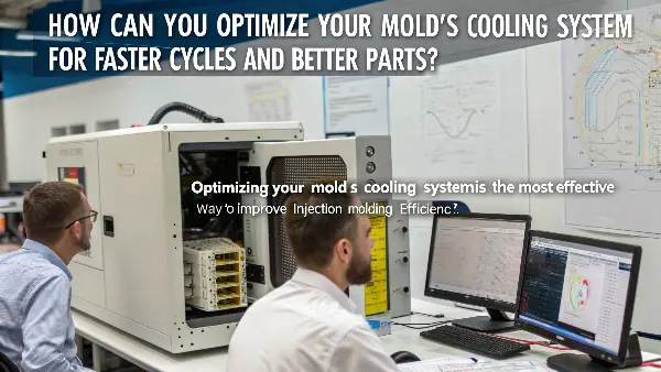 A cutaway view of an injection mold highlighting the intricate cooling channels surrounding the part cavity.