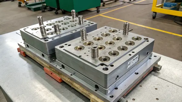 A mold base showing standardized ports for cooling and ejection systems