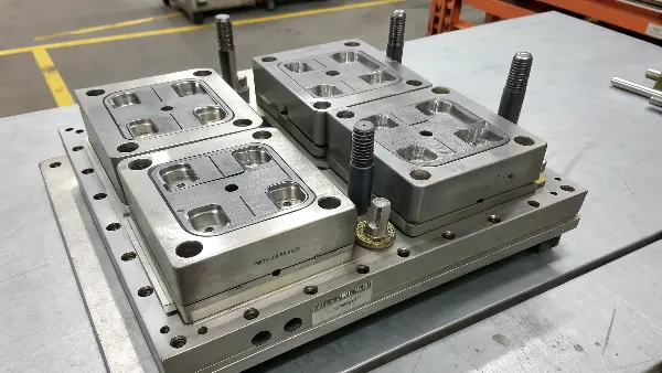An exploded view of a mold with interchangeable core and cavity inserts