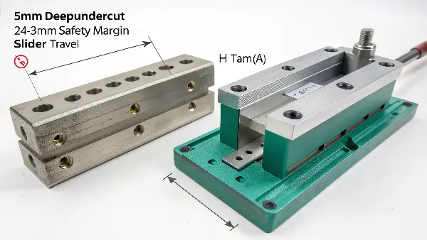 Diagram showing the calculation of slider travel and mold opening stroke using trigonometry.