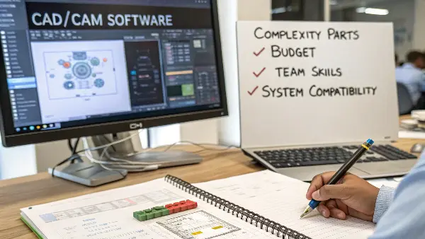 A person at a desk comparing different software options on a checklist