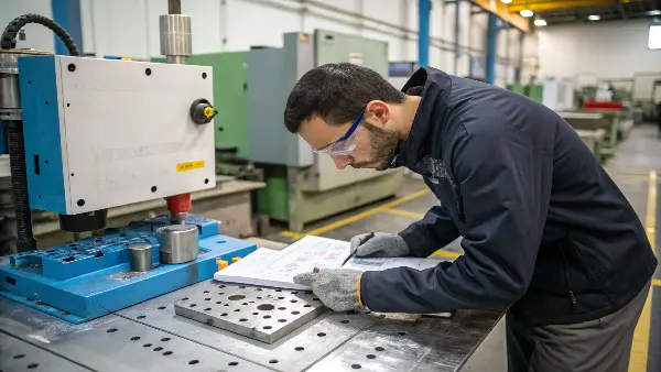 An engineer discussing a CAD model of a mold with a client