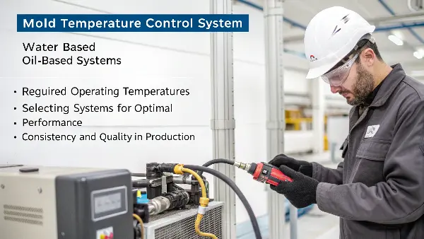 A close-up of a mold temperature control unit with digital display and connecting hoses