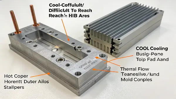 A cutaway view showing a baffle and a bubbler inside two separate core pins.