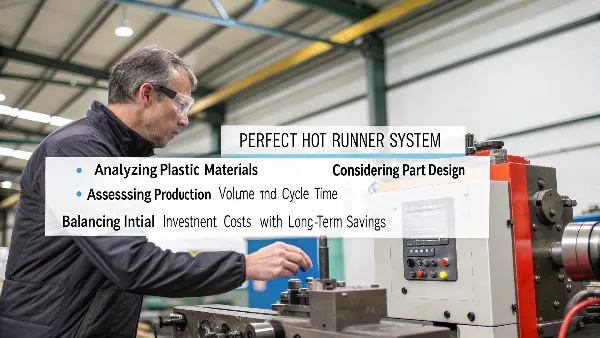 An engineer reviewing a CAD model and material specs to select a hot runner