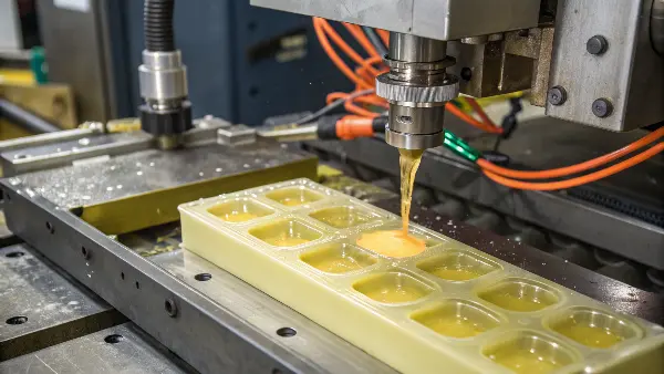 A mold plate showing the sprue, runners, and gates leading to multiple cavities.